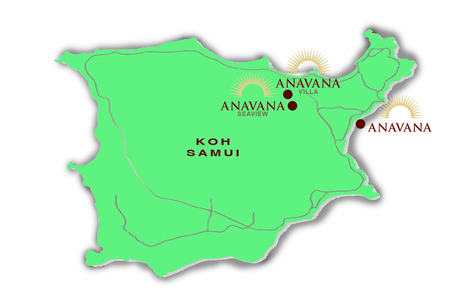 map of Koh Samui in Thaiand showing all Anavana Group property locations